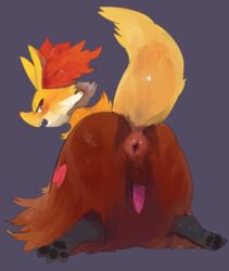 all_fours alternate_version_available anus ass backsack balls blush canine delphox digitigrade erection femboy fox frown hi_res liteu looking_back male male_only mammal nintendo pawpads penis perineum pokemon puffy_anus raised_tail semi-anthro simple_background solo tapering_penis video_games