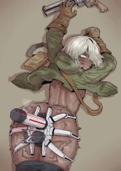 1girls absurdres anal anal_object_insertion arc_raiders blush brown_gloves clothes_pull commentary_request dark-skinned_female dark_skin double_penetration ebonyxh eylin_eyla_(ebonyxh) female forced_orgasm gloves green_jacket gun highres jacket object_insertion original pants pants_pull sex_machine sleeves_rolled_up solo textless_version tick_(arc_raiders) vaginal_object_insertion vaginal_penetration weapon white_hair
