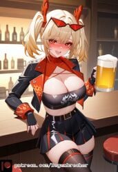 1girls ai_generated beer beer_mug black_footwear black_gloves black_jacket black_skirt black_thighhighs blonde_hair burnice_white degenbrecher eyewear_on_head fingerless_gloves gloves jacket large_breasts patreon patreon_username red_eyes skirt sunglasses zenless_zone_zero