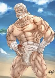 balls bara beard big_penis boner erection erection_under_clothes facial_hair fundoshi granblue_fantasy male male_only muscles muscular oyatu55k penis solo solo_male soriz sweat sweating