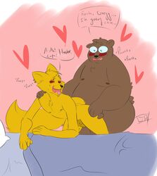 anal anal_sex angus_(nitw) anthro bear bed brown_fur canine eyewear fox fur glasses gregg_(nitw) hi_res male mammal night_in_the_woods nude papaburry penetration simple_background text yaoi yellow_fur