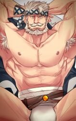 armpit armpit_hair armpits balls bara beard bulge facial_hair flaccid granblue_fantasy hands_behind_head male male_only muscles muscular pantaeng penis solo solo_male soriz