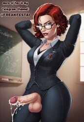 ai_generated balls ballsack black_widow_(marvel) blue_eyes chalkboard classroom cowboy_shot cum erection freakfestai fully_clothed futa_only futanari futanari glasses hands_behind_head looking_at_viewer marvel marvel_cinematic_universe marvel_comics penis penis_out red_hair red_lipstick seductive_eyes seductive_look seductive_pose seductive_smile smile smiling_at_viewer standing thick_ass