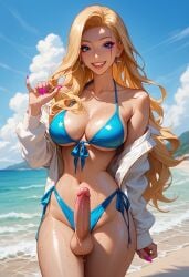 ai_generated beach blonde_hair blue_bikini futanari large_breasts