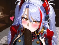 1boy 1girls ai_generated azur_lane dark-skinned_male fellatio female female_focus light-skinned_female looking_pleasured loving_it prinz_eugen_(azur_lane) twintails white_hair yellow_eyes