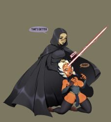 2girls ahsoka_tano barriss_offee blood blushing bobbybuttbuck death dialogue female_death flashing_breasts gore guro impalement light_saber lightsaber no_bra no_panties snuff star_wars sword weapon