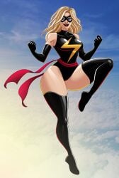 1girls 2025 blonde_hair blonde_hair_female boots breasts breasts breasts carol_danvers curvaceous curvy curvy_body curvy_figure female_only gloves leotard long_boots long_hair long_hair_female marvel marvel_comics mask masked masked_female ms._marvel ms._marvel_(carol_danvers) nikoalecsovich scarf solo solo_female solo_focus superhero superhero_costume superheroine very_high_resolution