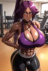 abs ai_generated anus ass balls big_breasts big_hips big_penis bleach futa_only futanari gym huge_breasts kikia1 muscle muscles muscular_female penis penis_bulge ponytail purple_hair shihouin_yoruichi shorts