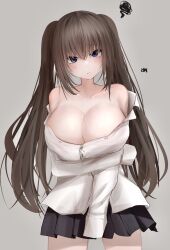 1girls arm_under_breasts bangs big_breasts black_skirt blue_eyes blush blush breasts brown_hair button_down_shirt cleavage female female_only hair_between_eyes huge_breasts large_breasts long_hair looking_at_viewer metae no_bra original original_character shirt simple_background skirt solo standing thighs white_shirt