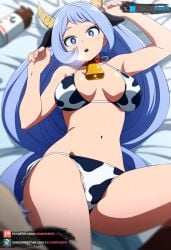 ai_generated big_breasts blue_eyes blue_hair boku_no_hero_academia cow_print curvy female hadou_nejire juanpiamvs laying_on_bed long_hair my_hero_academia nejire_hado patreon patreon_username subscribestar subscribestar_username watermark