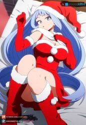 ai_generated big_breasts blue_eyes blue_hair boku_no_hero_academia christmas_outfit curvy female hadou_nejire juanpiamvs laying_on_bed long_hair my_hero_academia nejire_hado on_bed patreon patreon_username subscribestar subscribestar_username watermark