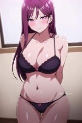 1girls ai_generated arisato_yu big_breasts earrings gyaru imaizumin-chi_wa_douyara_gal_no_tamariba_ni_natteru_rashii lingerie purple_hair sasaki_yukina sweating