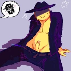 2d chance_(forsaken) clothed embarrassed forsaken_(roblox) gay leaking_precum legs_spread mafioso_(dream_game) male male/male male_only penis penis_out precum presenting roblox roblox_game robloxian simple_background simple_shading submissive submissive_male sweating yellow_body