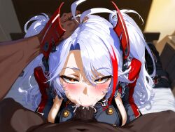 1boy 1girls ai_generated azur_lane cum cum_in_mouth dark-skinned_male fellatio female female_focus light-skinned_female looking_pleasured loving_it prinz_eugen_(azur_lane) twintails white_hair yellow_eyes