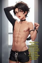 1boy 1femboy 3d abs abuse abused afroking ai_generated anime_style athletic athletic_male black_hair brown_eyes brown_hair brunette_hair caption choker dark_hair embarrassed english_text exposed_breasts exposed_nipples exposed_torso femboy gay gym gym_clothes humiliated humiliating humiliation lips lipstick makeup male male_only muscles muscular muscular_male punishment scared scared_expression short_hair shorts sissy solo stripped stripping text topless topless_male twink undressed undressing white_body white_skin yaoi