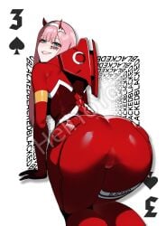 ai_generated ass ass blacked darling_in_the_franxx doggy_style female female_only green_eyes helltoyou pink_hair poker_cards smile smiling suit tattoo zero_two_(darling_in_the_franxx)