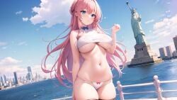 17_studio 2023 ai_generated airi_(hentai_project) big_breasts blue_eyes bra breasts city_background clouds fine_art fine_art_parody game_cg hentai_project long_hair official_art panties pink_hair public_domain sky standing stars statue_of_liberty tagme underboob water