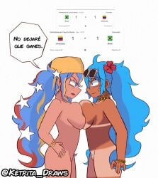 2girls angry angry_expression angry_face ass big_breasts blush bracelet bracelets brazilian brazilian_female brazilian_miku breast_on_breasts breast_press breast_to_breast breasts completely_naked completely_naked_female completely_nude completely_nude_female cyan_eyes cyan_hair docking face_to_face female female_only freckles freckles_on_face hand_on_hip hat hatsune_miku jewelry ketrita latina looking_at_another naked necklace nude pussy pussy_hair scared scared_expression selfcest spanish_text standing staredown staring stars_in_hair sunglasses_on_head symmetrical_docking tan_body tan_skin tanline tanned_female tanned_skin text twintails venezuela venezuelan venezuelan_miku vocaloid