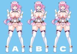 aigan_tenshi_cheery_pink ass_visible_through_thighs bare_shoulders blue_background blue_eyes blush boots breasts center_opening cheery_pink cleavage cleavage_cutout clothing_cutout covered_navel dress elbow_gloves female food frontal_wedgie fruit full_body gloves heart_pasties highres huge_breasts large_breasts legs_apart leotard long_hair looking_at_viewer micro_panties miniskirt nipple_chain nipple_cutout nipples open_mouth panties partially_visible_vulva pasties peach pink_hair pink_panties pink_ribbon pink_skirt pleated_skirt puffy_nipples pussy reference_sheet ribbon skindentation skirt sleeveless sleeveless_dress solo standing striped_clothes striped_panties thigh_boots thighhighs thong translation_request underwear upskirt v-mag variations wedgie white_gloves white_thighhighs wind wind_lift