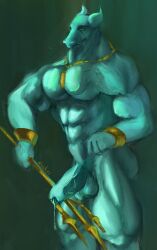 bodily_fluids dragon drakei genital_fluids genitals green_body male melee_weapon muscular muscular_male mythological_creature mythological_scalie mythology nude penis polearm precum scalie trident weapon