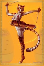 absurd_res anthro breasts dreamworks felid female fur genitals hi_res kung_fu_panda mammal master_tigress mazahi-ani melee_weapon nipples orange_body pantherine pussy sai_(weapon) solo tail tiger weapon