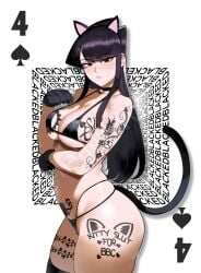 ai_generated bikini black_hair blacked blacked_tattoo cat_ears cat_tail catgirl female female_only helltoyou komi-san_wa_komyushou_desu komi_shouko light-skinned_female light_skin poker_cards tattoo