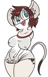 auburn_hair bottomless breasts bulge cassie_gliese clothed clothing dickgirl dipstick_tail ear_tuft erection eyewear fur glasses green_eyes hair intersex mammal mouse multicolored_tail nipples open_mouth penis rodent shirt smile standing tuft vono wet_shirt white_fur