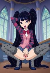 1girls ai_generated clothed looking_at_viewer musa musa_(winx_club) one_hand_behind_head presenting_pussy pussy solo solo_focus spread_legs spread_pussy squatting winx_club