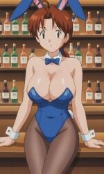 accurate_art_style ai_generated alcohol alcohol_bottle alternate_breast_size bartender big_breasts blue_bunny_ears blue_bunnysuit bonnieaiart bunny_ears bunny_girl bunny_tail bunnysuit delia_ketchum_(pokemon) fake_screenshot hanako_(pokemon) massive_breasts official_style pantyhose pokemon ponytail retro_artstyle tagme tagme_(character)