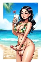 ai_generated beach big_breasts bikini bikini_top black_hair breasts cleavage cum drinking_cum drinking_glass food food_play futanari hawaiian masturbation nude perfect_body small_penis solo standing tagme thick_thighs thighs tropical