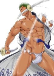 1boy abs armpits ass_visible_through_thighs bara belt biceps big_areola black_eyes bulge bulge_through_clothing collarbone cut_clothes cut_lines earrings erect_nipples error errors frown fundoshi green_hair hi_res holding_object holding_weapon katana kimono looking_at_viewer male male_breasts male_only manly mature_male mistake muscles muscular muscular_arms muscular_legs muscular_male muscular_thighs navel no_body_hair no_scar obi object_in_mouth one_piece open_clothes open_legs pecs post-timeskip reito_raichi rokushaku_fundoshi roronoa_zoro short_hair six_pack solo standing torn_clothes tough_guy v-shaped_eyebrows very_high_resolution weapon_in_mouth white_background white_fundoshi