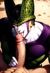 abs ai_generated biceps big_penis blowjob blush cell_(dragon_ball) dragon_ball erection gay licking_penis looking_at_viewer male male/male male_only muscular muscular_male nude_male open_mouth penis pink_eyes smile toned_body toned_male tongue tongue_out twall97