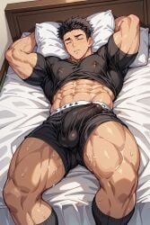 ai_generated balls bara bulge demon_slayer erection erection_under_clothes fetish gay himejima_gyomei male mebekingcock muscular nipples penis sleeping soaked soaked_clothes socks solo