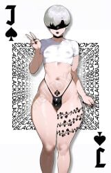 1boy ai_generated blacked femboy helltoyou light-skinned_male little_penis male nier:_automata peace_sign poker_cards queen_of_spades tattoo thick_thighs thighs thong yorha_9s