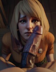 1boy 1girls 3d ai_generated ashley_graham blonde_hair cleavage crying eye_contact horsecock huge_cock licking_penis open_mouth paralap peace_sign penis_on_face pov resident_evil resident_evil_4 short_hair tears worried_expression