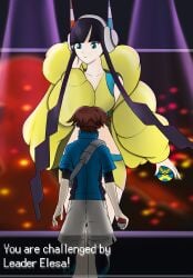 1boy 1girls bigger_female black_body black_hair_female blue_eyes brown_hair brown_hair_male clothed clothed_female clothed_male elesa_(pokemon) female female_focus gym_leader height_difference hugsizeable larger_female male nate_(pokemon) nintendo pokemon pokemon_bw pokemon_bw2 pokemon_trainer shorter_male size_difference smaller_male