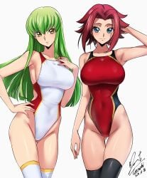 2girls big_breasts c.c. code_geass duo female kallen_stadtfeld swimsuit thighhighs thighs yoo_tenchi