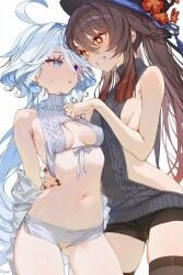 2girls ai_generated blue_eyes blue_hair breasts brown_hair furina_(genshin_impact) genshin_impact heterochromia hu_tao_(genshin_impact) midriff petite red_eyes sideboob small_breasts sweater tagme yuri