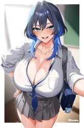 1girls blue_eyes blue_hair breasts cleavage female handplug hips hololive hololive_english hololive_english_-council- hololive_english_-promise- huge_breasts light-skinned_female light_skin long_hair naughty_face ouro_kronii school_uniform schoolgirl thick_thighs thighs virtual_youtuber wide_hips