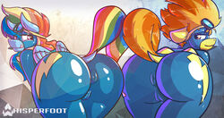 2016 2girls absurd_res anthro anus ass bent_over bodysuit cameltoe clothing dock duo equine eyewear feathered_wings feathers female female_only friendship_is_magic goggles hair hi_res licking licking_lips long_hair mammal multicolored_hair my_little_pony orange_hair pegasus rainbow_dash_(mlp) rainbow_hair smile spitfire_(mlp) straight_hair tight_clothing tongue tongue_out two_tone_hair whisperfoot wings wonderbolts_(mlp) wonderbolts_uniform