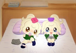 bedroom blonde_hair blue_eyes brown_eyes censored clothing clulutchi condom female hair legwear looking_at_viewer miraitchi no_humans pussy school_uniform smile socks tamagotchi teeth tongue uniform