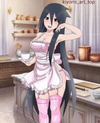 a anime apron, complements dark ecchi feline feminine girl, hair, her kitchen, lace, long, maid maid, naruto naruto_(classic) naruto_(series) naruto_shippuden of outfit, pink seductive sexy stockings, style, thigh-high uchiha_kiyomi white woman, young