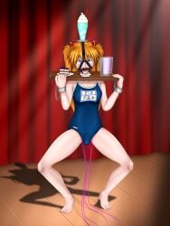 asuka_langley_sohryu balancing bondage cake drool drooling game harness_gag harness_ring_gag neon_genesis_evangelion on_stage parallel ring_gag school_swimsuit stocks vibrator vibrator_under_clothes