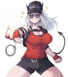 big_breasts demon_tail helltaker huge_breasts justice_(helltaker) looking_at_viewer simple_background tidal_(artist) white_background white_hair