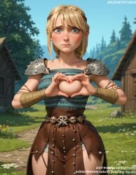 ai_generated armor astrid_hofferson bangs bare_shoulders blonde_hair blue_eyes blue_sky blush bracer braid breasts brown_skirt cleavage closed_mouth clothing day dress embarrassed female female female_only flower forest grass heart heart_hands how_to_train_your_dragon jousneystudio lips looking_at_viewer medium_breasts mole_on_body nature nipples nose outdoors short_hair shoulder_armor skirt sky solo standing tied_hair tree white_flower