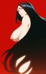 1girls ai_generated black_hair bleach bleach:_the_thousand-year_blood_war blue_eyes breasts huge_breasts looking_at_viewer looking_back_at_viewer nude parted_lips puffy_nipples red_background sagging_breasts side_view simple_background unohana_retsu unohana_yachiru very_long_hair