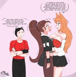 1boy 2girls akemi_kurama arms_crossed big_breasts black_eye black_hair blue_eyes breasts_squeezed_together brown_hair cat_ears dialogue flirting flustered fox_ears heterochromia hugging ilia_amitola jin_satou large_breasts orange_hair original_characters red_eye red_eyes rwby scar_across_eye sfw zronku