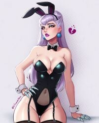 2d 2d_(artwork) 2d_artwork animal_ears bare_shoulders belly_button big_breasts black_bow black_bowtie black_leotard black_thighhighs bow bowtie breasts broken_heart detached_collar evelynn fake_animal_ears female garter_straps heart highres jewelry k/da_all_out_series k/da_evelynn k/da_series konomidraw large_breasts league_of_legends leotard long_hair looking_at_viewer navel_piercing piercing playboy_bunny rabbit_ears riot_games simple_background small_waist solo strapless strapless_leotard thick thick_legs thick_thighs thighhighs wrist_cuffs