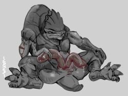 2_penises 3_arms 3_fingers 4_toes alien alien_genitalia anatomically_correct anatomically_correct_genitalia anatomically_correct_penis animal_genitalia animal_penis anthro anus ass big_penis bioware bodily_fluids claws digital_media_(artwork) digitigrade diphallia diphallism electronic_arts feet fingers genital_fluids genital_slit genitals half-erect hand_on_knee hand_on_leg holding_penis horizontal_diphallism huge_cock humanoid interspecies krogan large_penis leaning leaning_backward male mass_effect monochrome multi_arm multi_genitalia multi_limb multi_penis muscular muscular_male nude penile penis precum prehensile_penis presenting pupils scar sex simple_background sitting slit_pupils solo tail toes varva