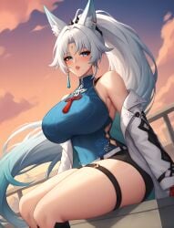 1girls abs ai_generated animal_ear_fluff animal_ears big_ass big_breasts big_butt blue_dress blue_eyes blush breasts clouds collarbone dress ear_piercing earring feixiao_(honkai:_star_rail) female forehead_jewel fox_ears fox_girl gloves grey_hair huge_breasts huge_thighs jacket large_breasts light-skinned_female light_skin long_hair long_sleeves looking_at_viewer makeup muscular muscular_female red_gloves sitting sky sunset thick_hips thick_lips thick_thighs thigh_strap tied_hair very_long_hair white_hair